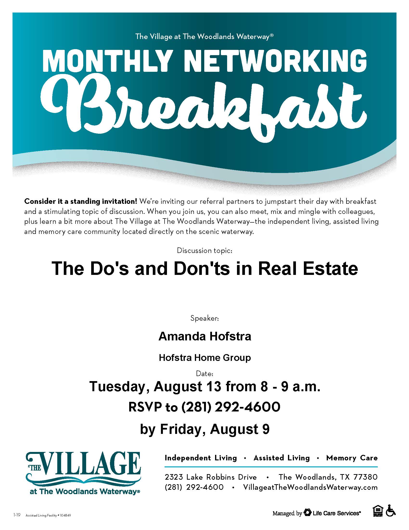 Flyer for August breakfast event discussing real estate dos and don’ts at The Village.