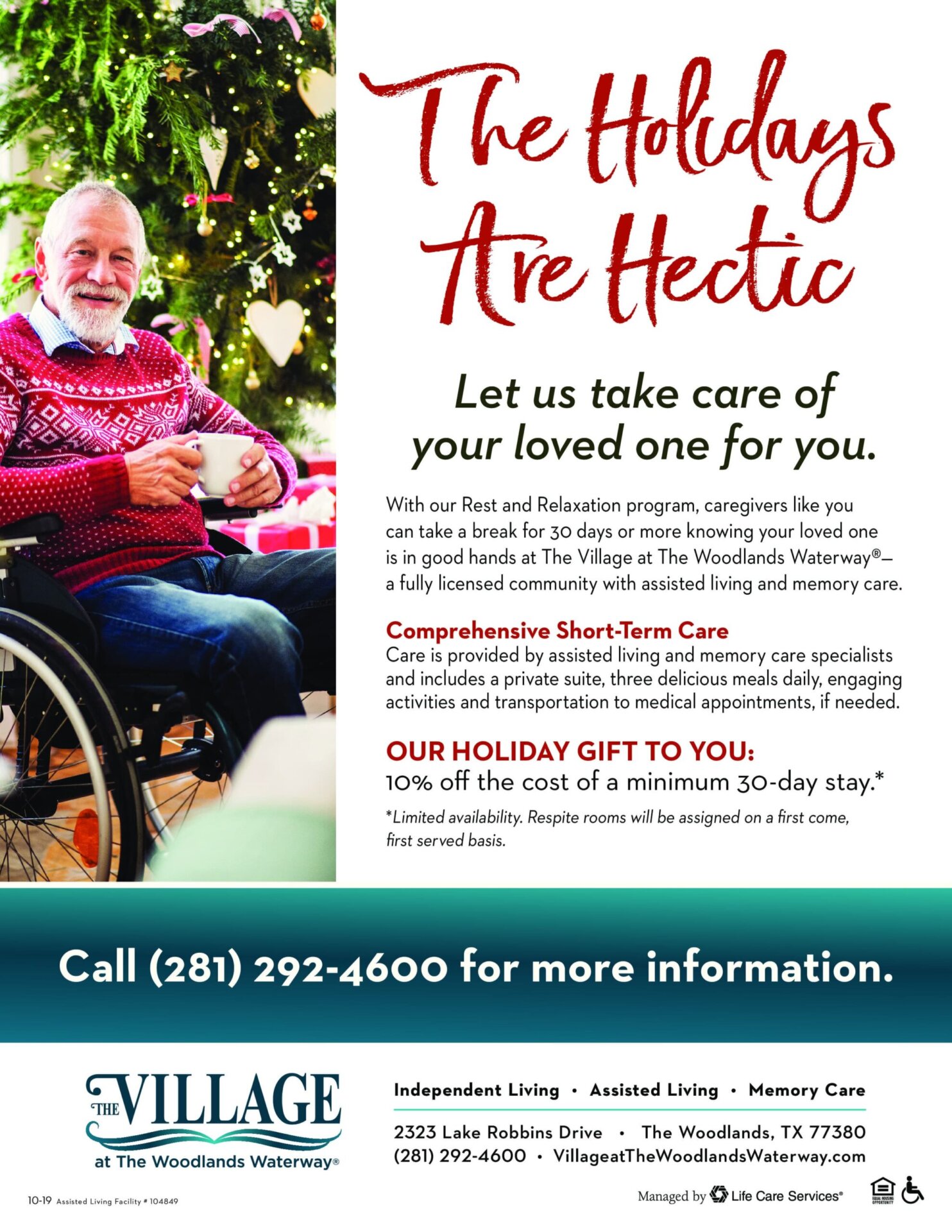 Elderly man in wheelchair with holiday decorations, promoting short-term care at The Village.