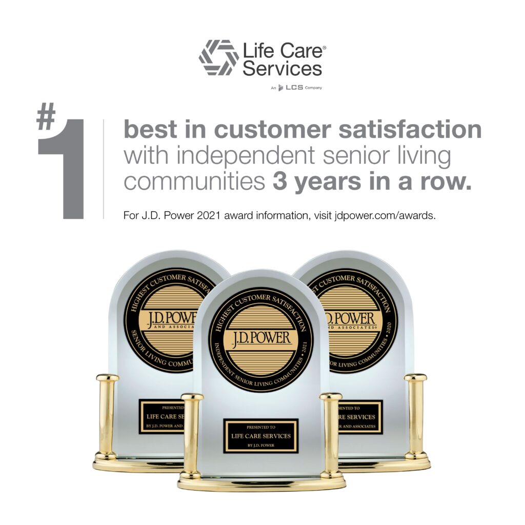 Life Care Services ranked #1 in customer satisfaction for independent senior living, 3 years.