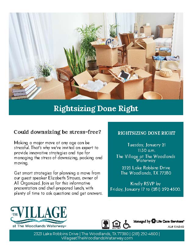 Flyer for Rightsizing Done Right, an event about stress-free downsizing tips with Elizabeth Strauss.