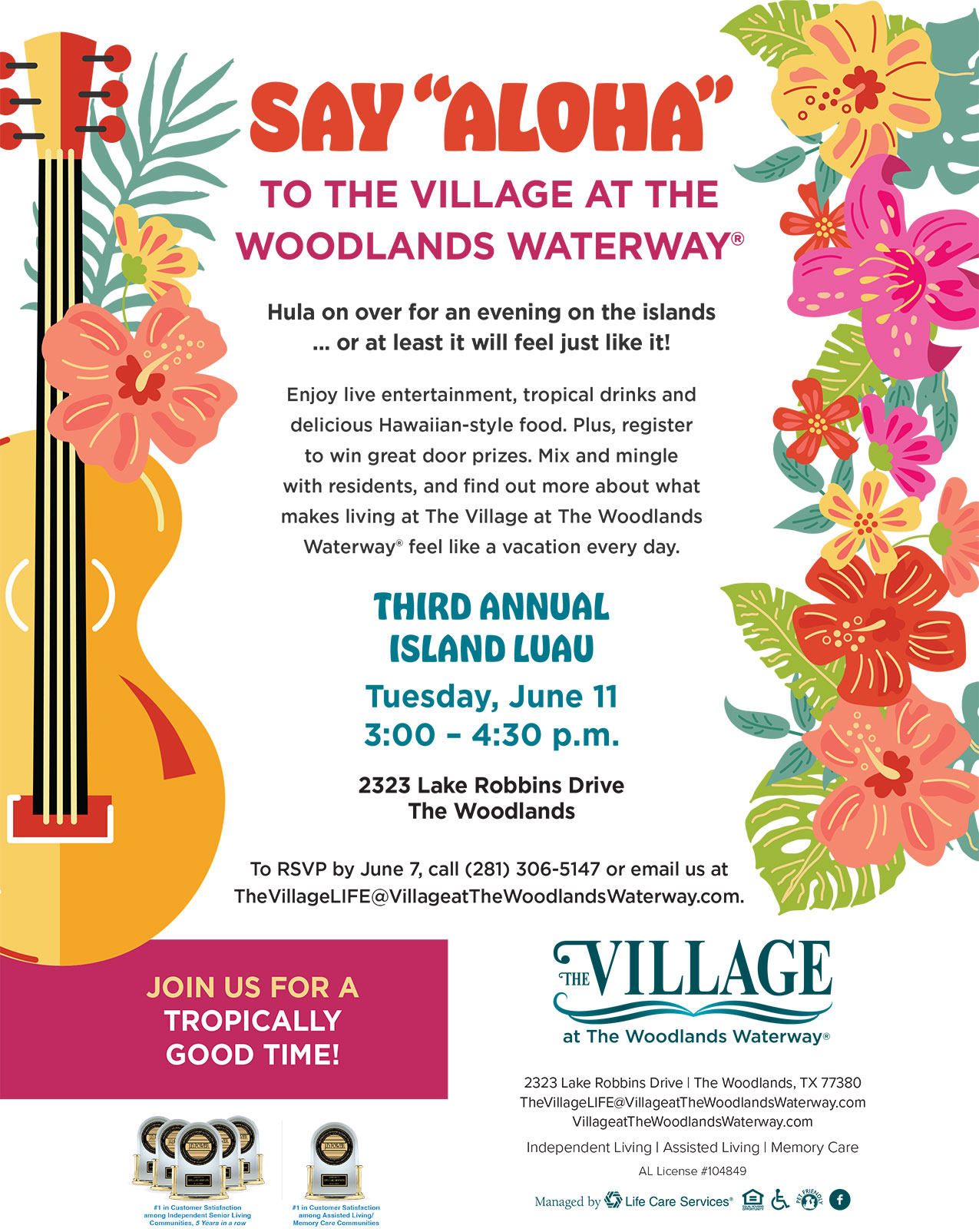 Flyer for the Third Annual Island Luau at The Village at the Woodlands Waterway with date and info